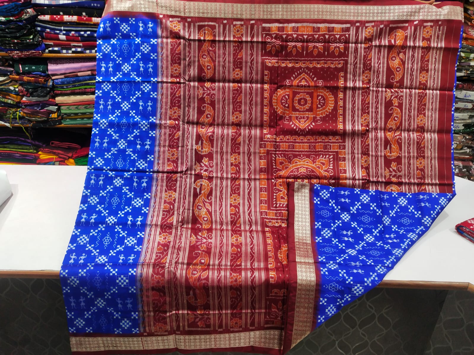 Blue and Maroon Sambalpuri silk saree
