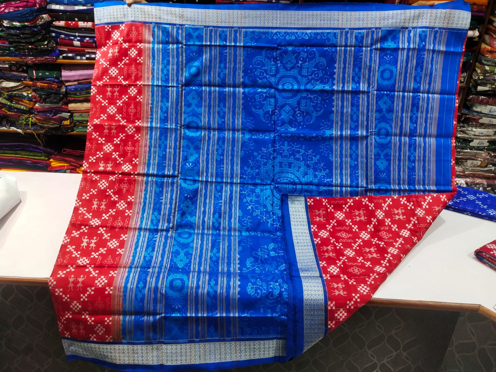 Red and Blue Sambalpuri silk saree