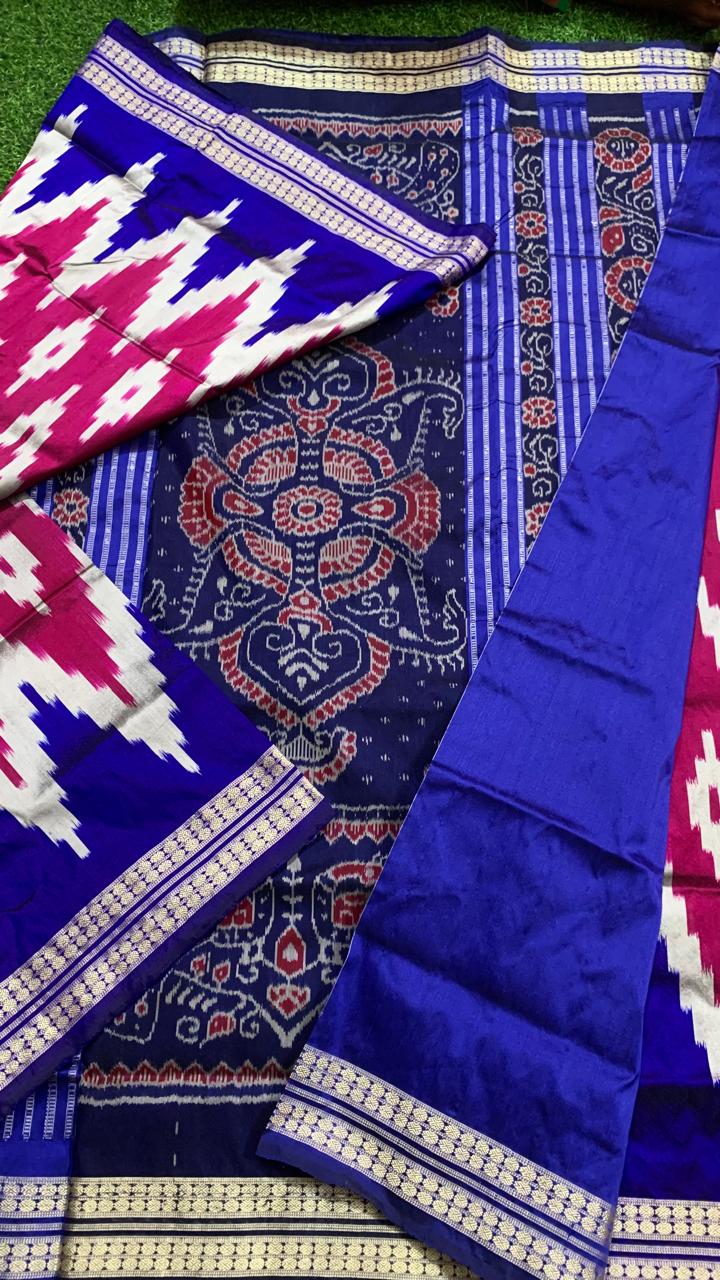 Pink and blue Sambalpuri silk saree