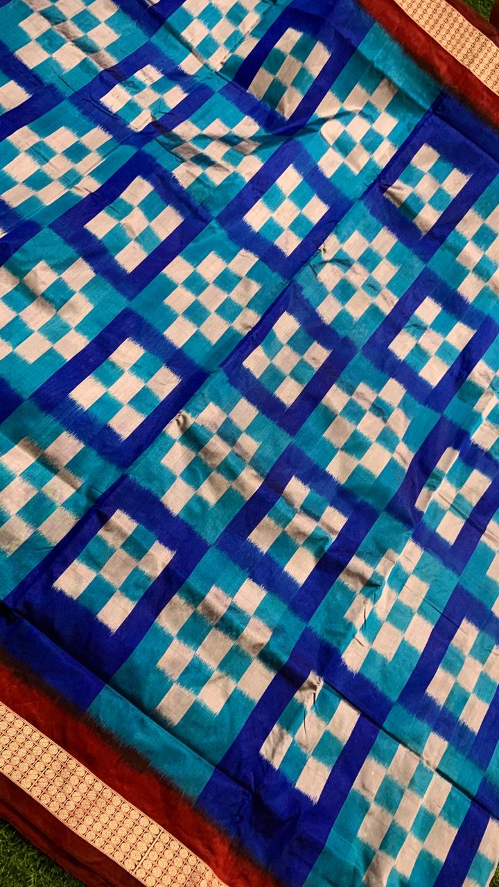 Blue and Maroon Sambalpuri silk saree