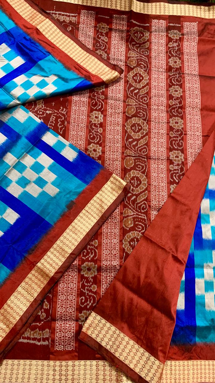 Blue and Maroon Sambalpuri silk saree