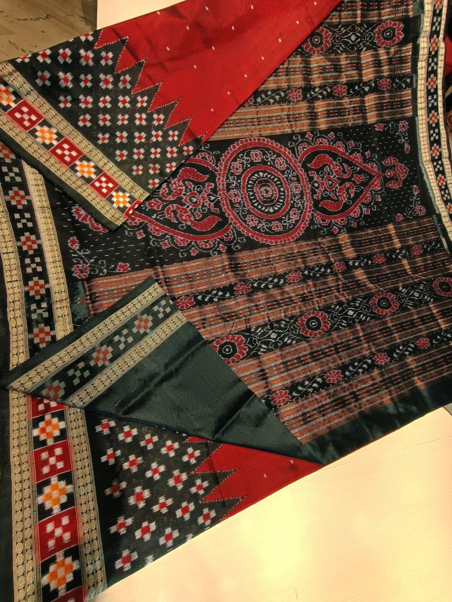 Maroon and black sambalpuri silk saree