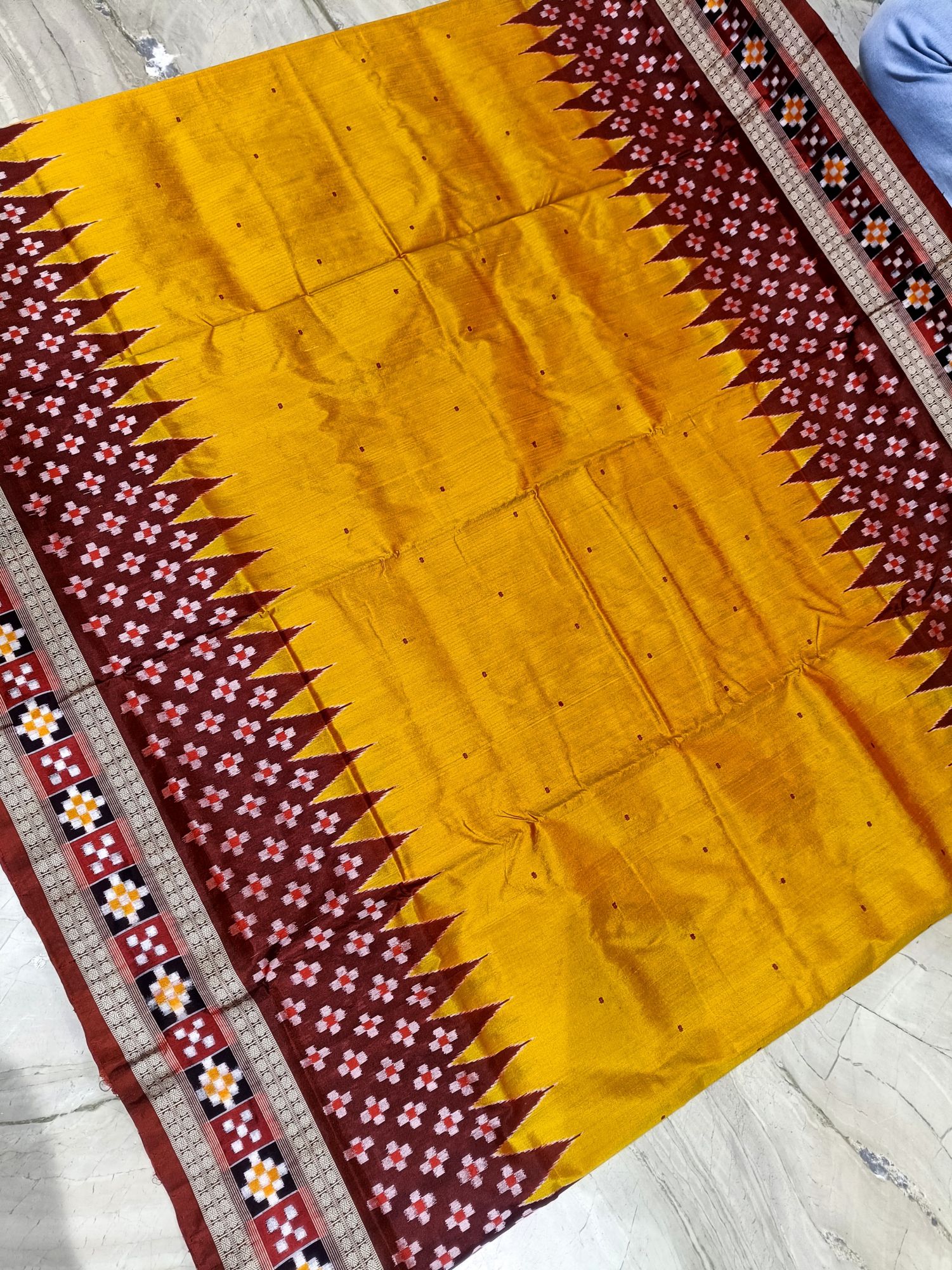 Yellow and maroon Sambalpuri silk saree