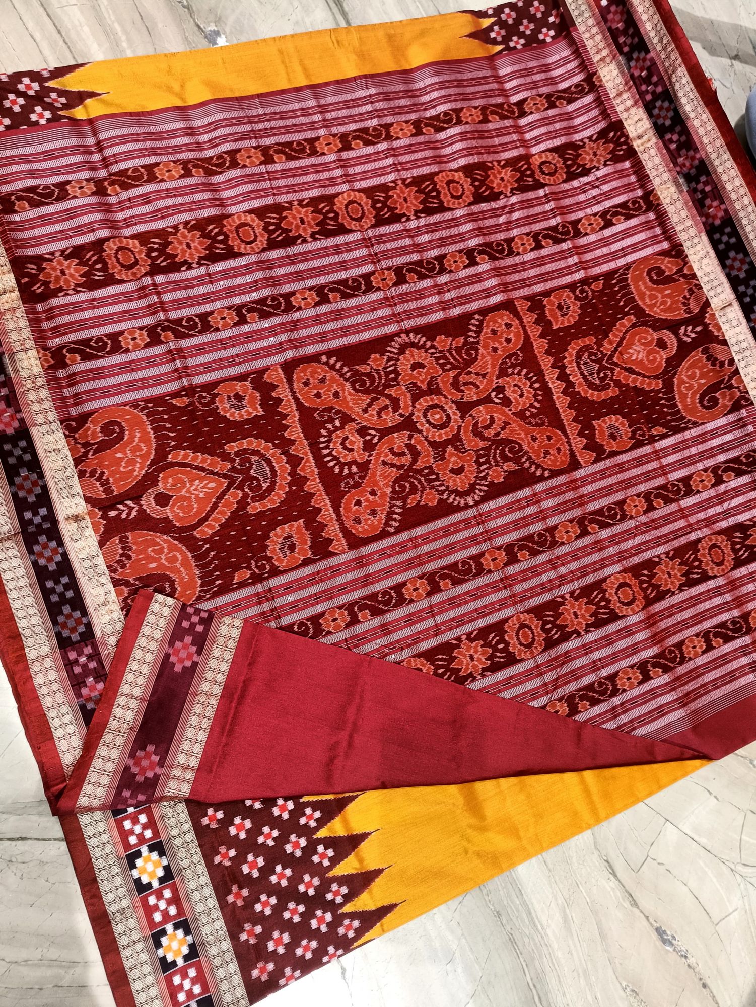 Yellow and maroon Sambalpuri silk saree