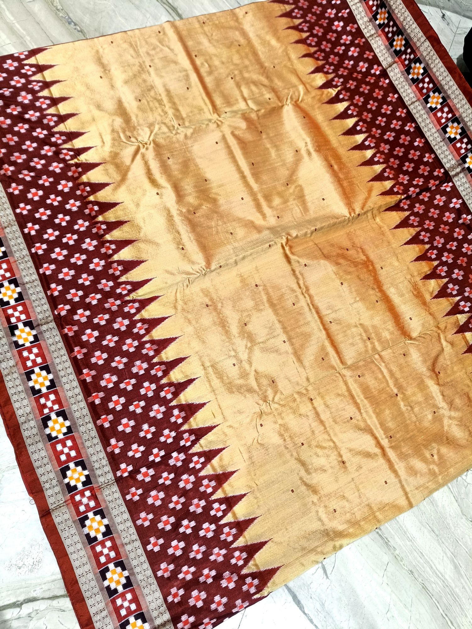 Cream and Maroon Sambalpuri silk saree