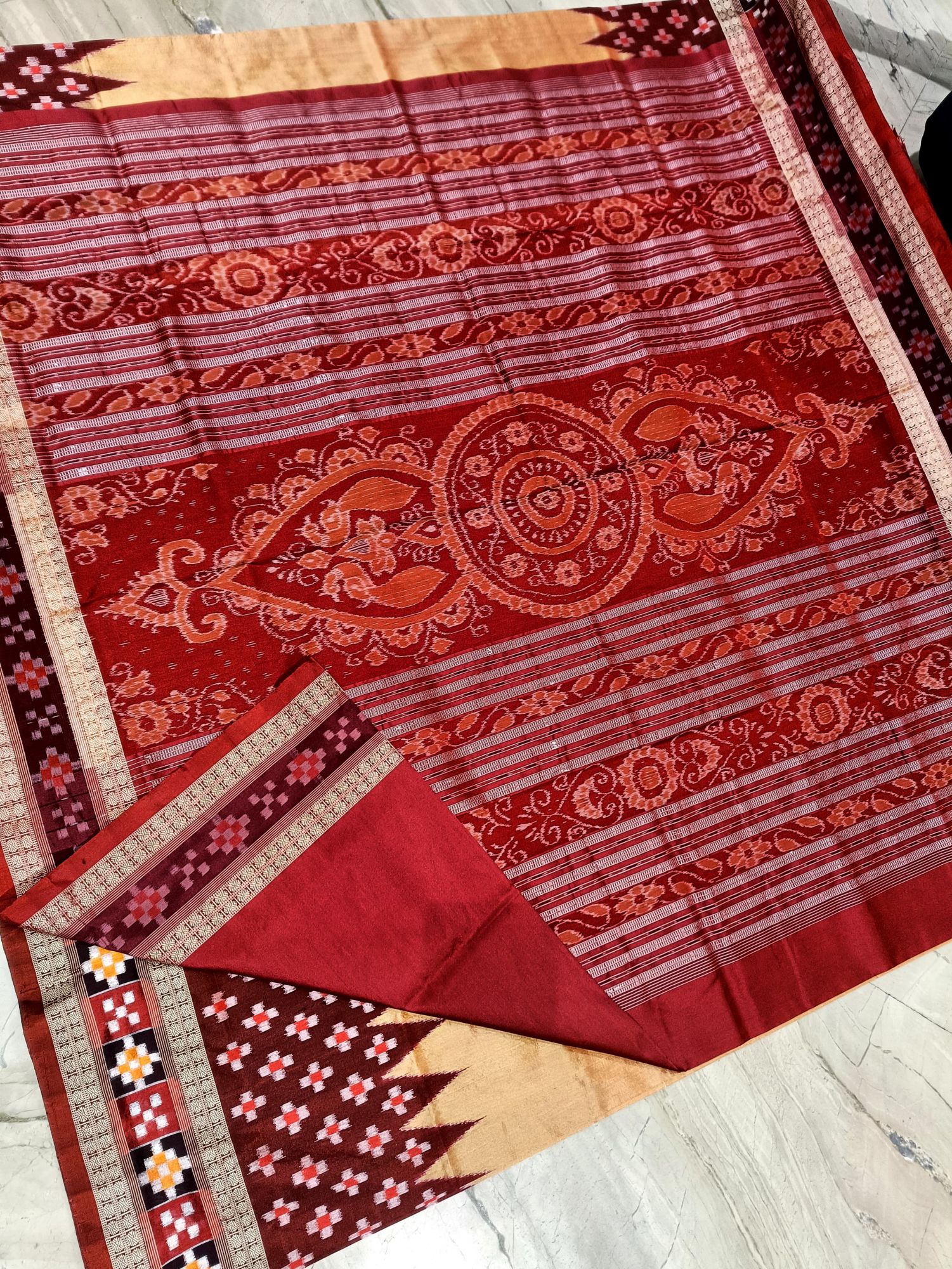 Cream and Maroon Sambalpuri silk saree