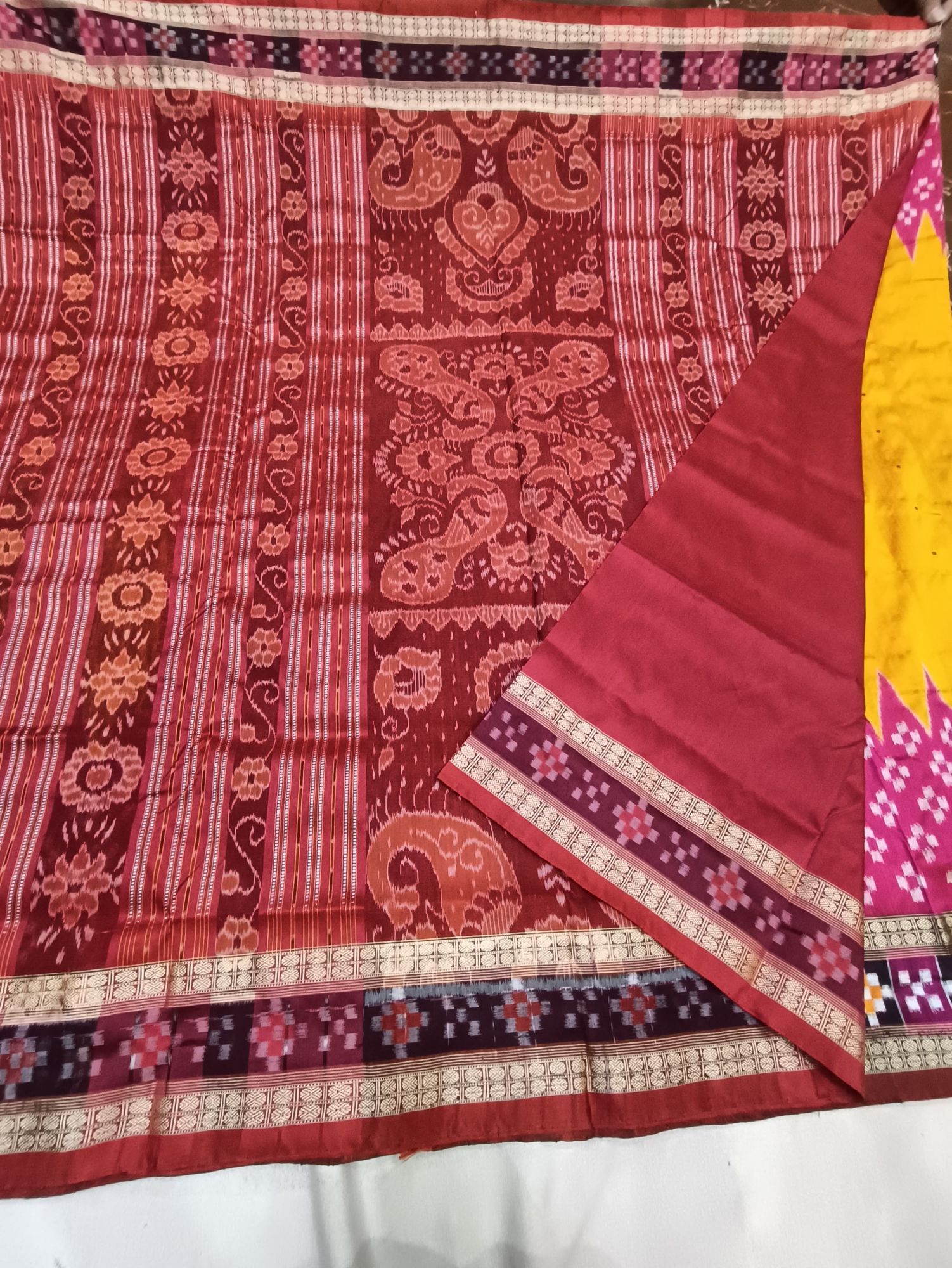 Yellow and pink Sambalpuri silk saree