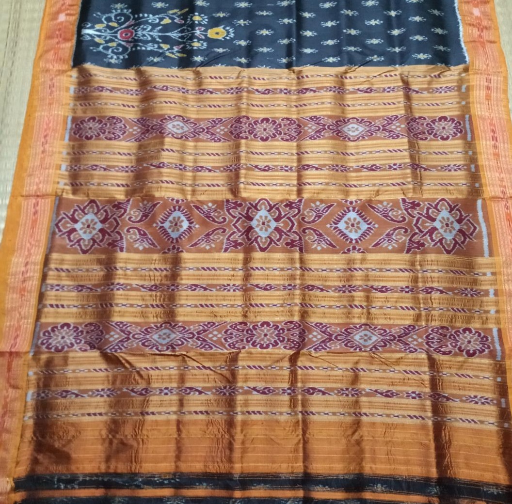 Black and mustard yellow odisha handwoven ikkat silk saree