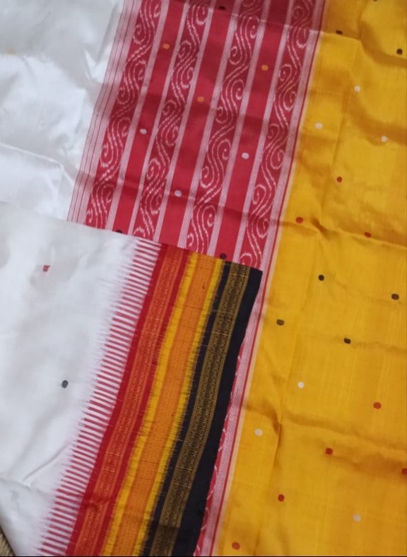 Whiteredblack and yellow kathifera silk saree