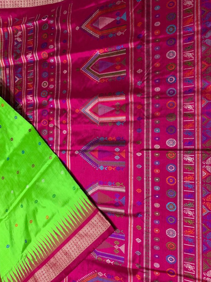 Olive green and pink handwoven Dolabedi silk saree
