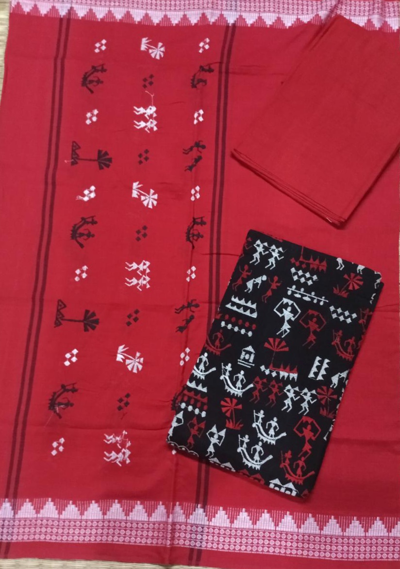 Red and Black Odisha handwoven tribal salwar suit piece