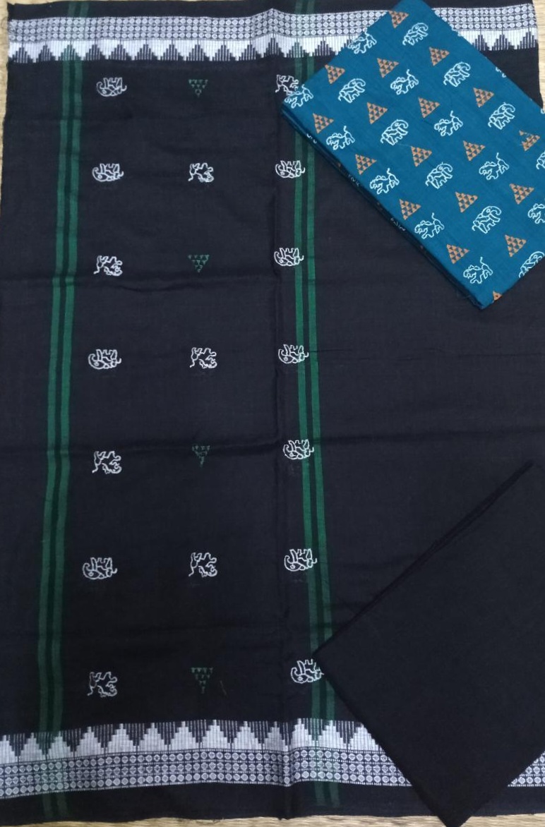 Black and Ocean green Odisha handwoven tribal salwar suit piece