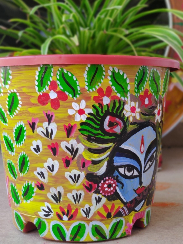 Colorful Krishna hand painted planter