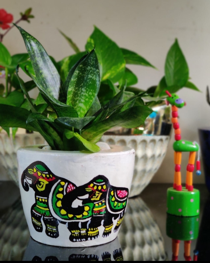 White and colorful elephant handpainted planter