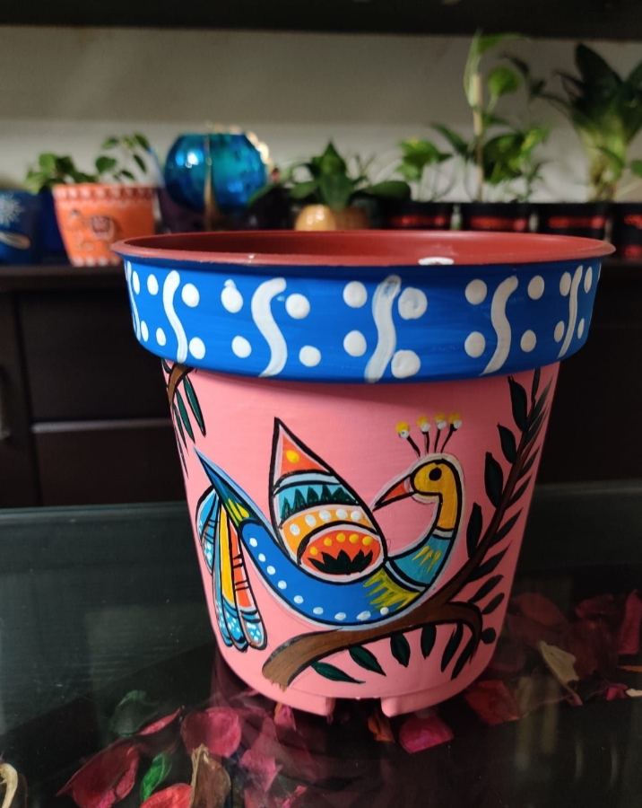 Mor Madhubani  art hand painted planter