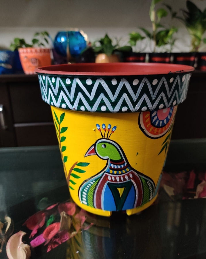 Mor Madhubani art hand painted planter