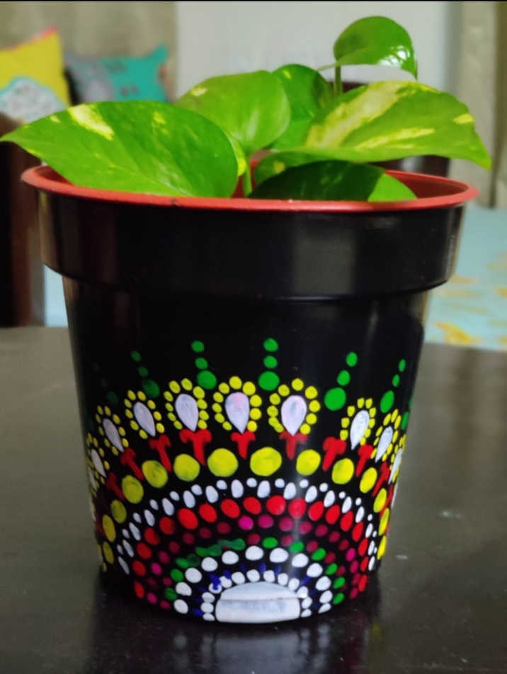 Black mandala art hand painted planter