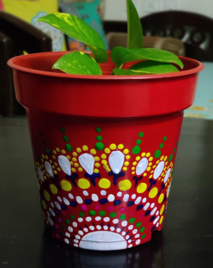 Red mandala art hand painted planter