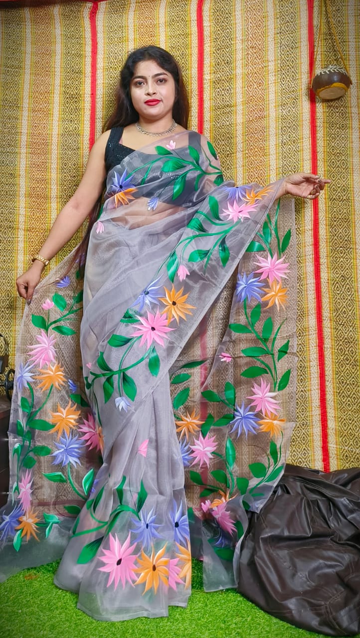 White Botanical Hand-Painted Silk Saree