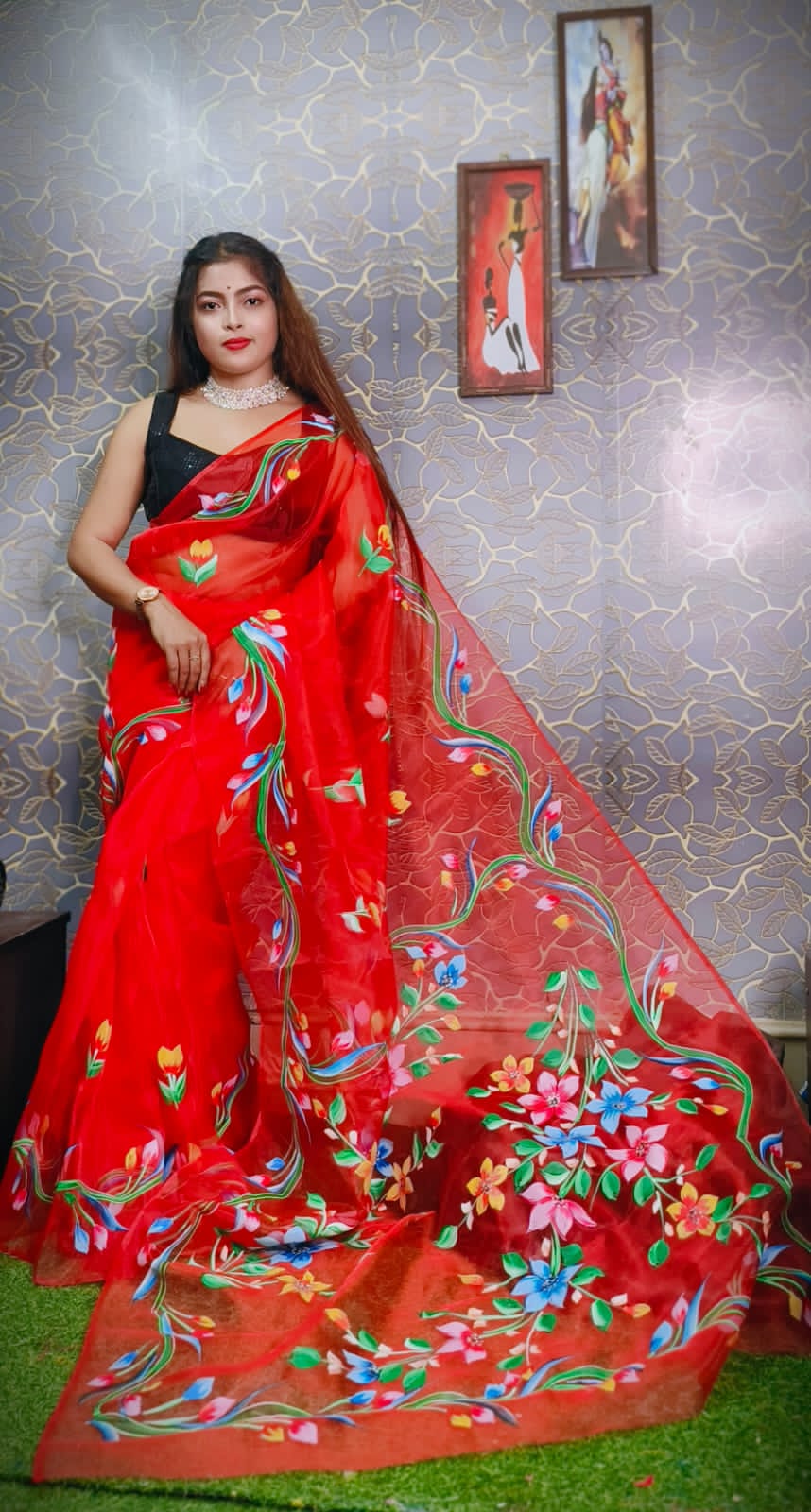 Red Organza Hand-Printed Silk Saree