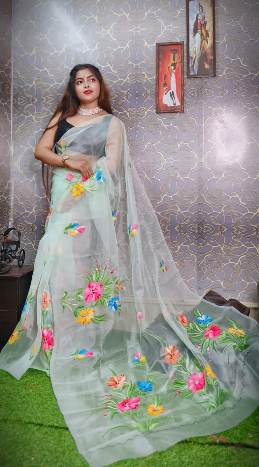 White Organza Hand-Printed Silk Saree