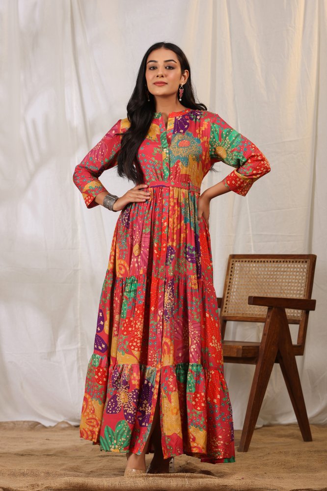 PINK TIER PATTERN MAXI DRESS