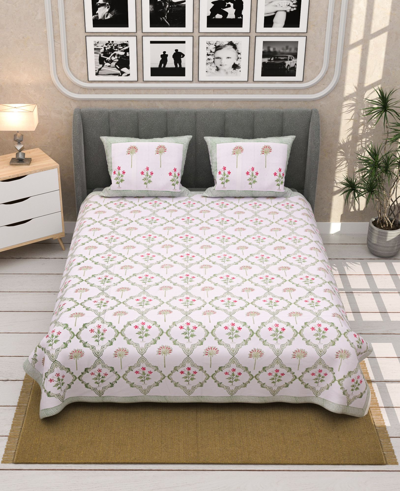 Handblock Printed Bedsheet With Reversible Pillow Cases