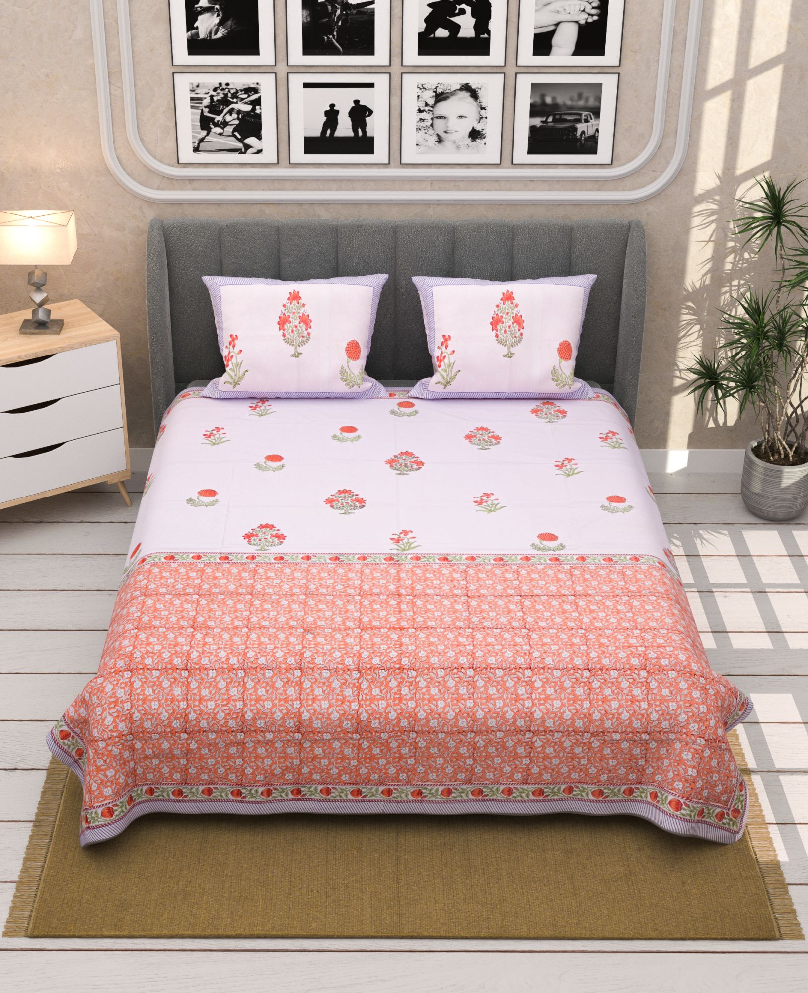 Chevron Handblock Printed Bedsheet With Reversible Pillow Cases