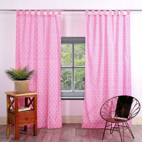 Hand Block Printed Cotton Floral Door Curtains pink eye loops curtains set of 2 pc