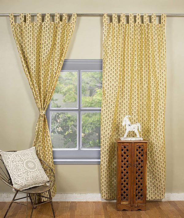 Hand Block Printed Cotton Floral Door Curtains Window Small butty yellow color set of 2 pc