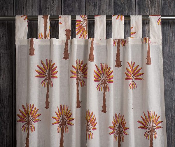 Hand Block Printed Cotton Floral Door Curtains Drapery Valance Palm Tree White Brown Pack of 2