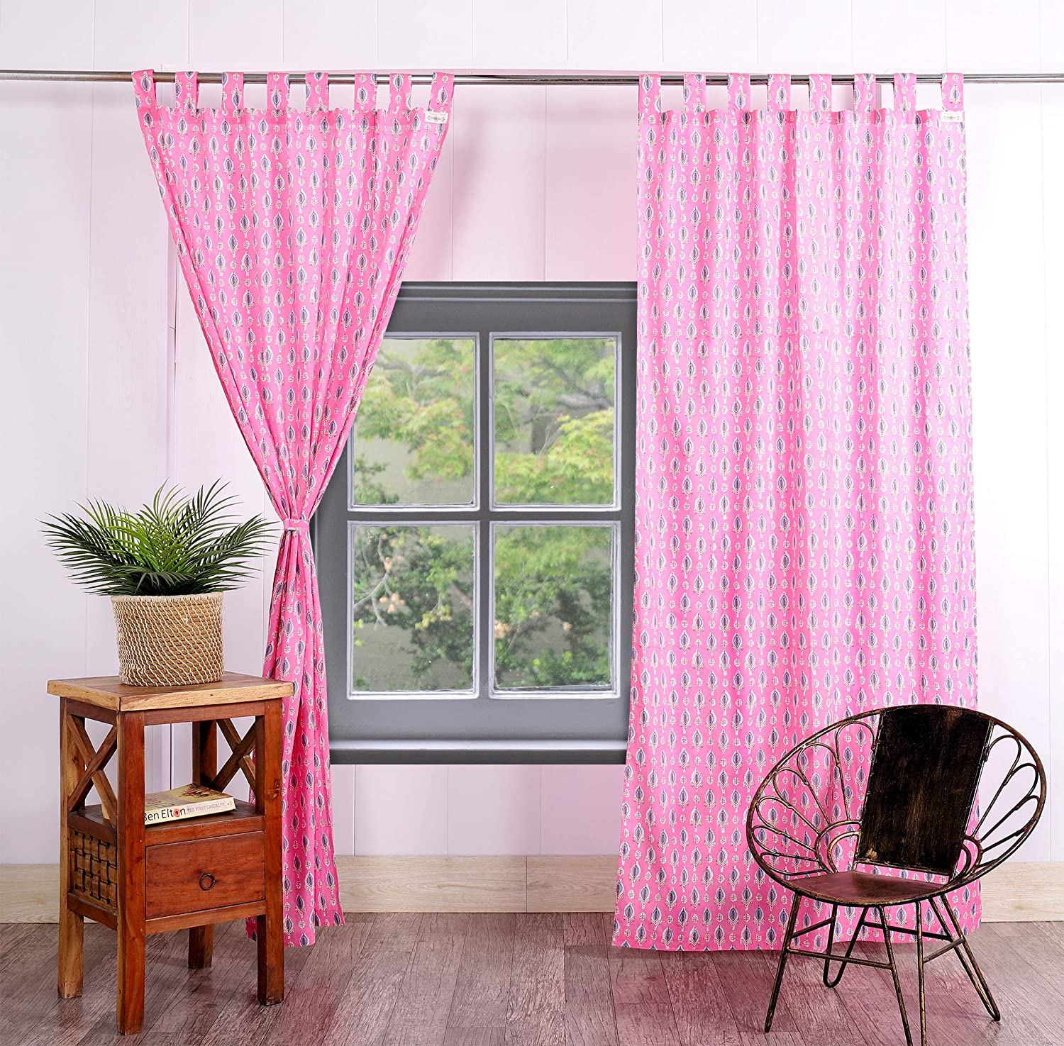 Hand Block Printed Cotton Floral Door Curtains pink eye loops curtains set of 2 pc