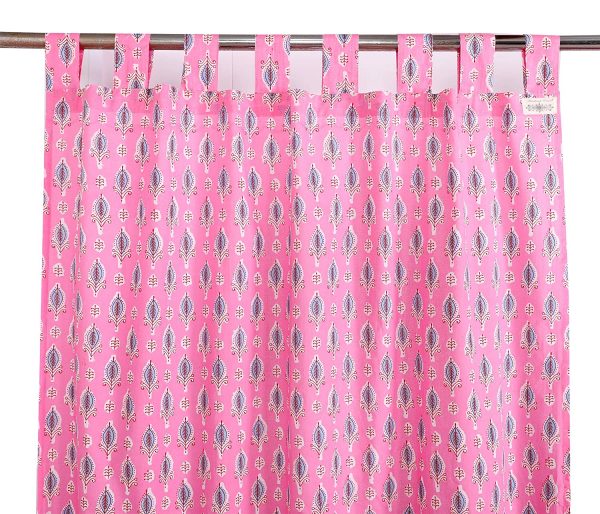 Hand Block Printed Cotton Floral Door Curtains pink eye loops curtains set of 2 pc