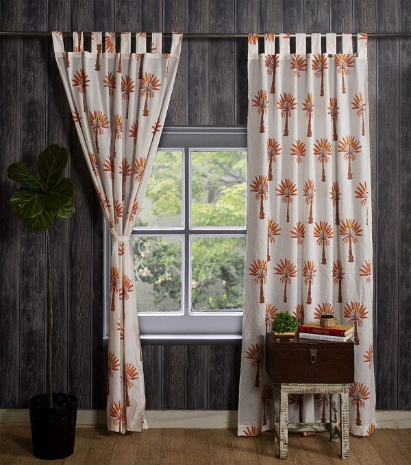 Hand Block Printed Cotton Floral Door Curtains Drapery Valance Palm Tree White Brown Pack of 2
