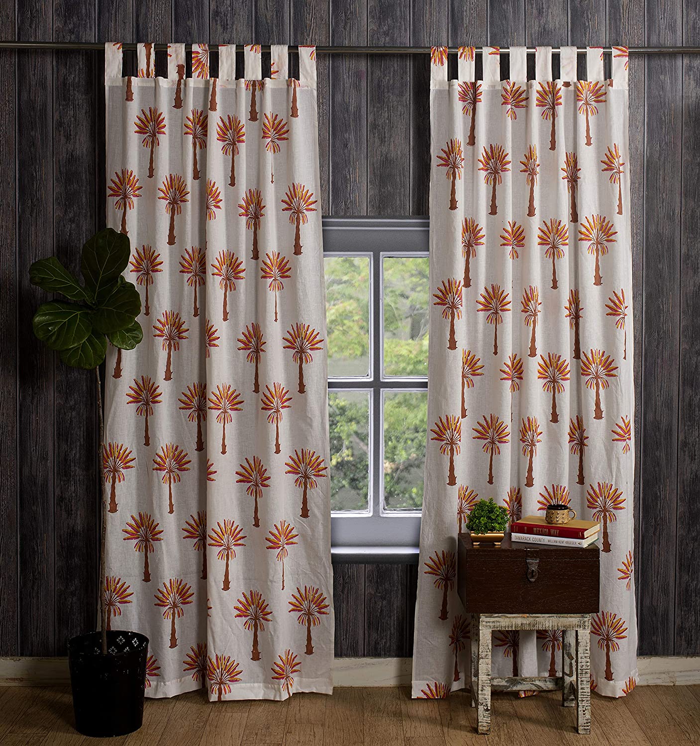 Hand Block Printed Cotton Floral Door Curtains Drapery Valance Palm Tree White Brown Pack of 2