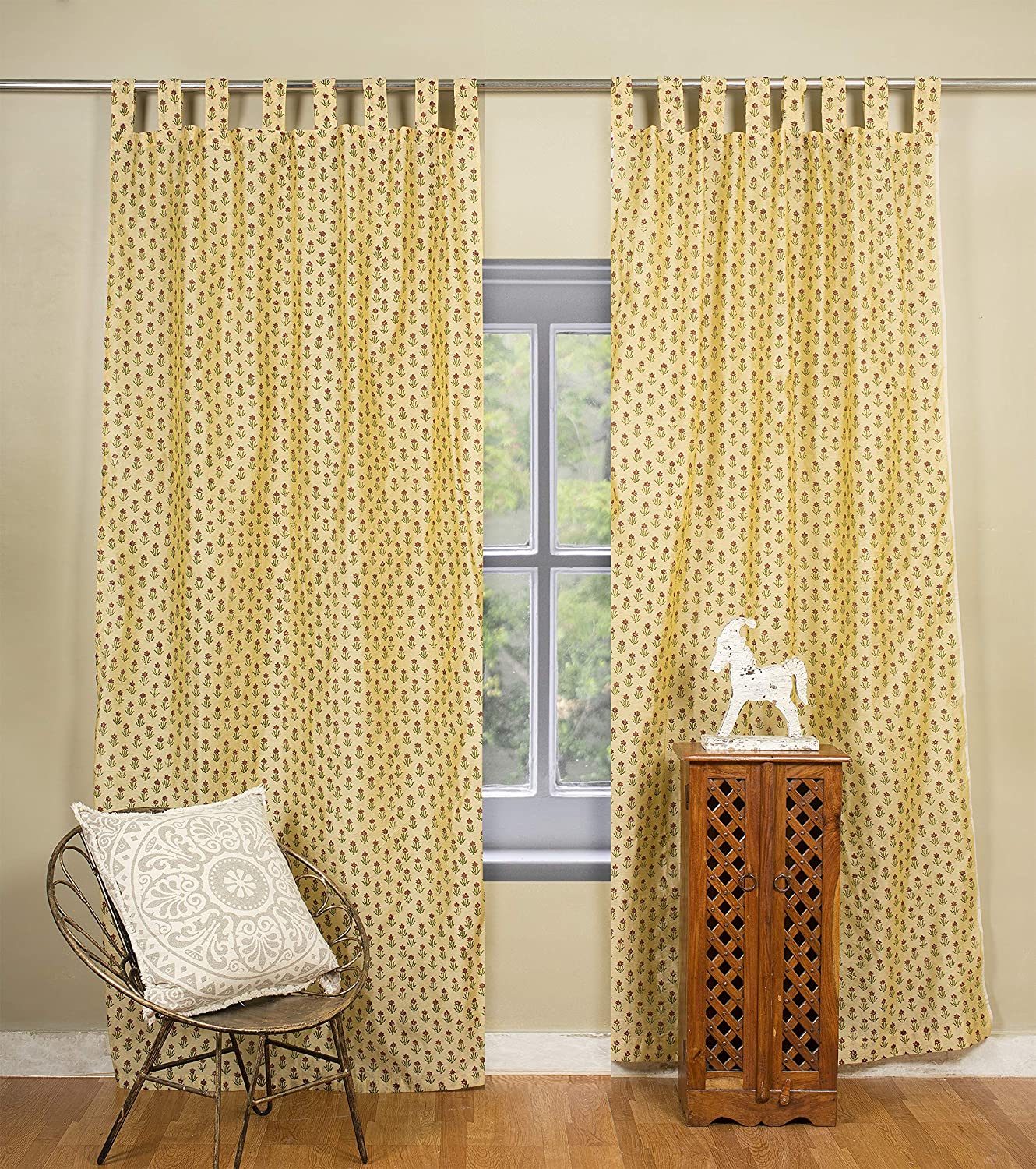 Hand Block Printed Cotton Floral Door Curtains Window Small butty yellow color set of 2 pc