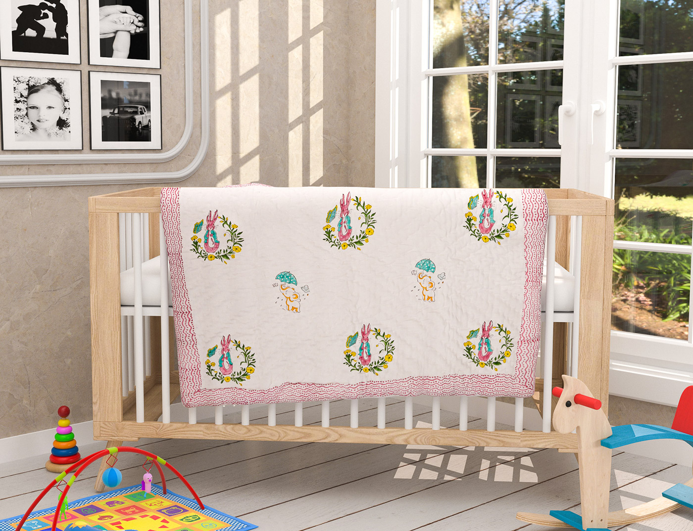 HAND Quilted Quilt Indian Cotton Modern Lion Print Block Print Reversible Quilt Handmade Comforter Quilt Baby Quilt
