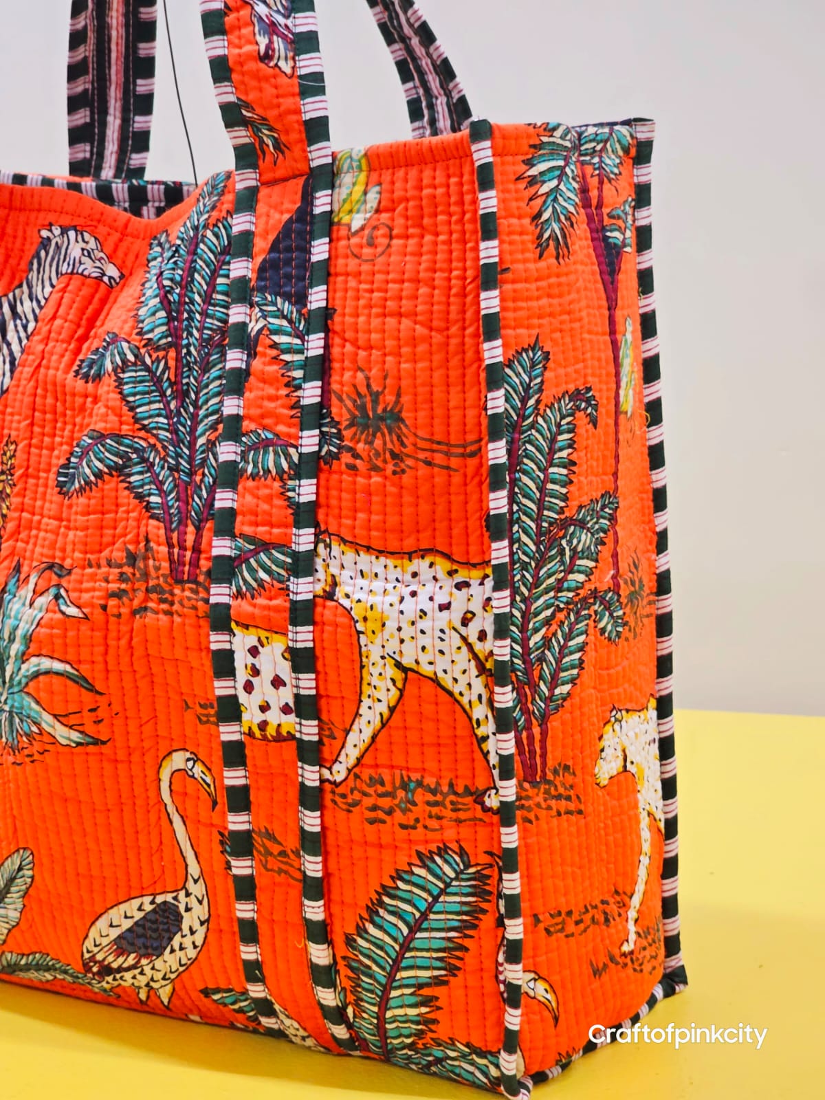 Hand Block Printed Tote Bag Tiger Print Tote Bag Quilted Bag Travel Bag Womens Bag Gifts For Her