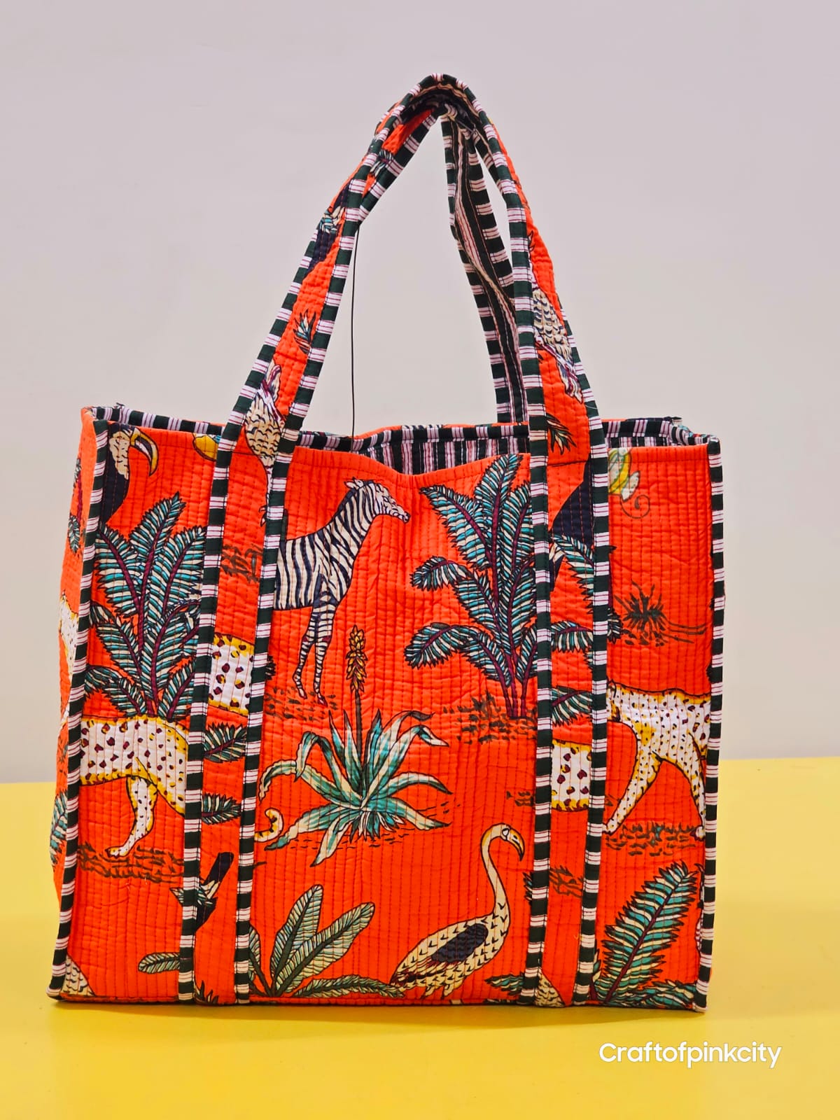 Hand Block Printed Tote Bag Tiger Print Tote Bag Quilted Bag Travel Bag Womens Bag Gifts For Her