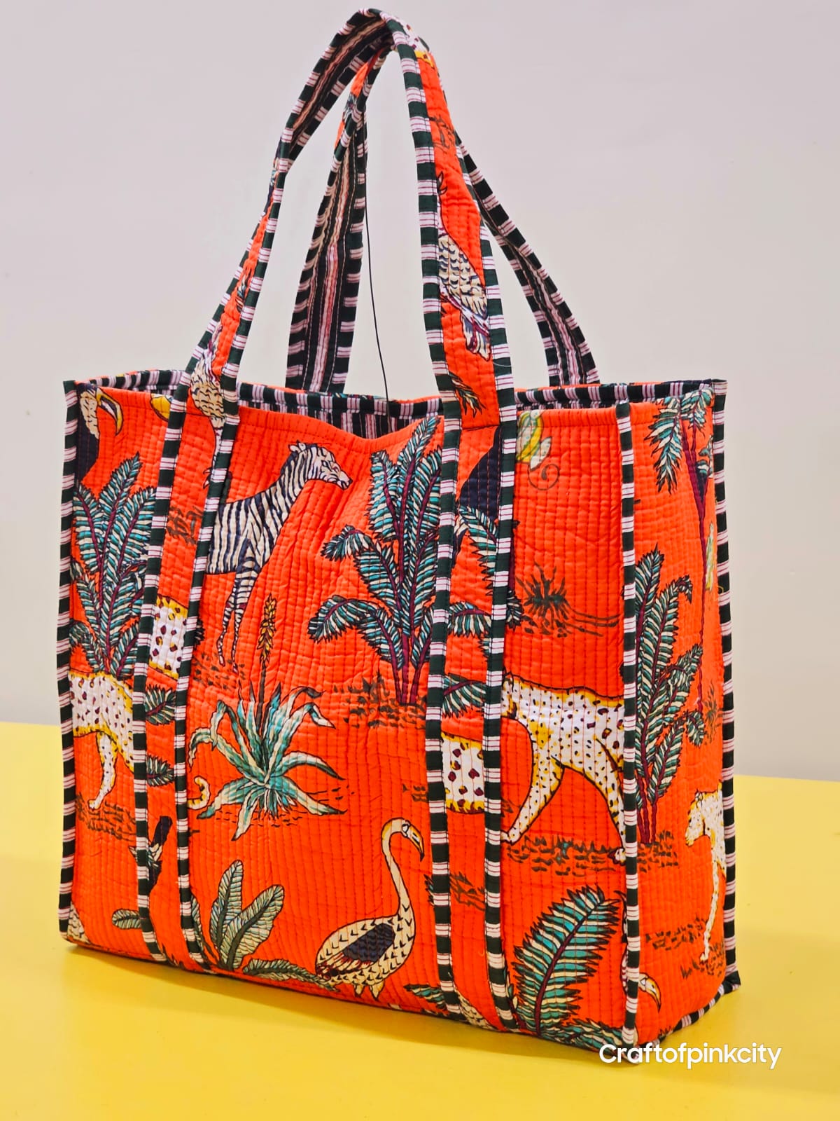 Hand Block Printed Tote Bag Tiger Print Tote Bag Quilted Bag Travel Bag Womens Bag Gifts For Her