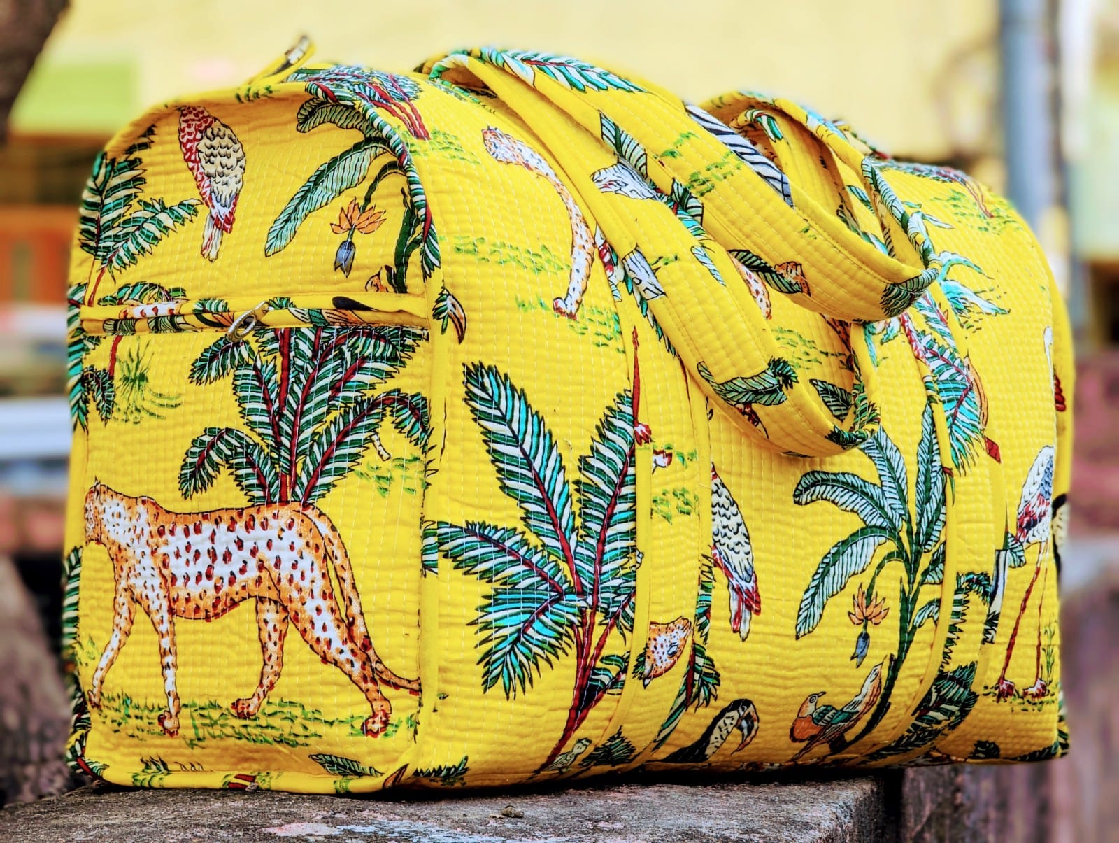 Quilted Multi-Use bag - Boho quilted bags - overnight bag - gym bag-Duffle Bag Yellow Jungle