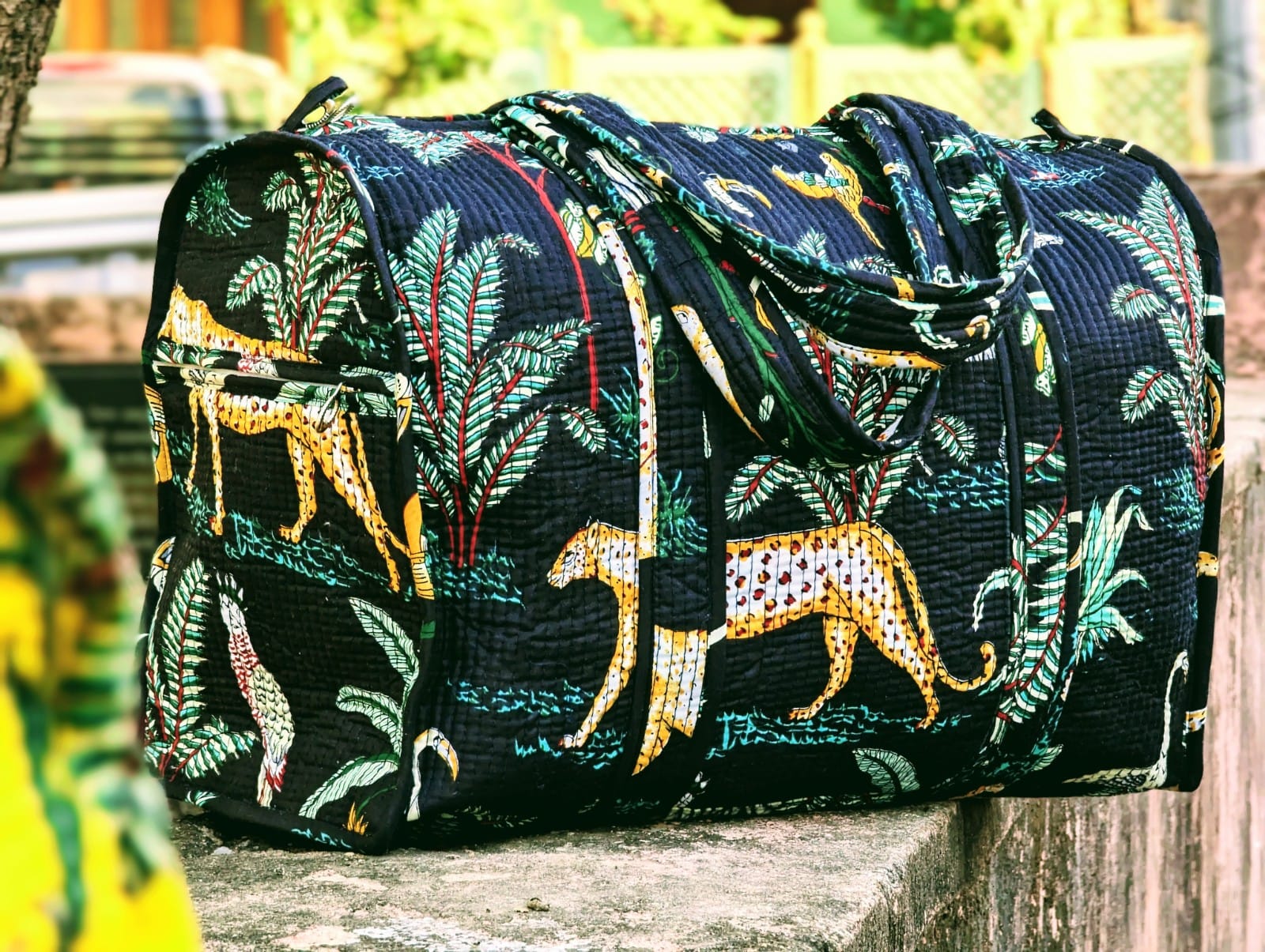 Quilted Multi-Use bag - Boho quilted bags - overnight bag - gym bag-Duffle Bag Black Jungle