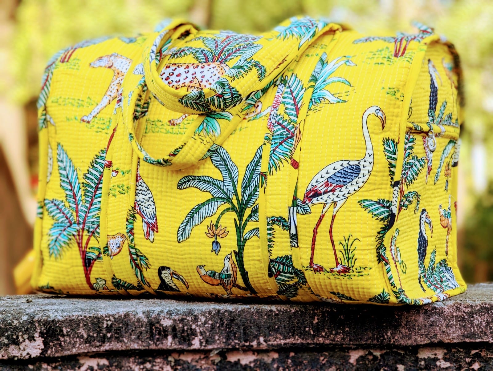 Quilted Multi-Use bag - Boho quilted bags - overnight bag - gym bag-Duffle Bag Yellow Jungle