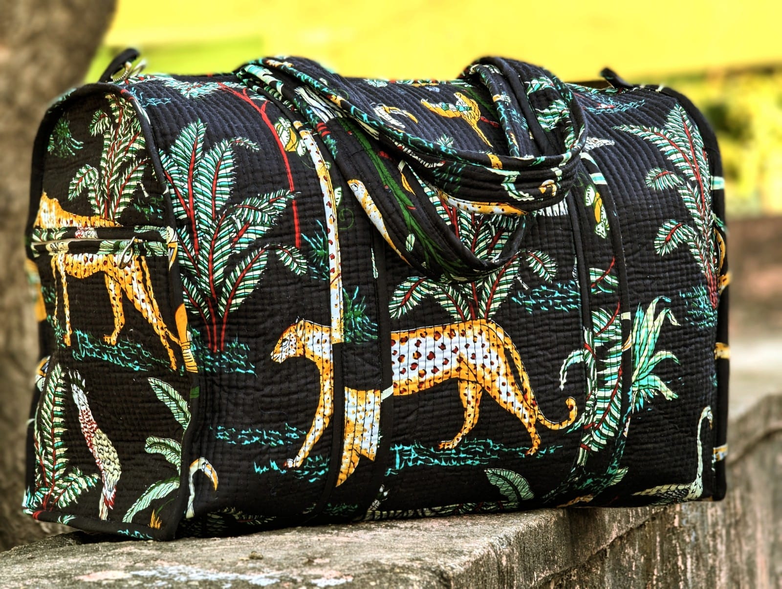 Quilted Multi-Use bag - Boho quilted bags - overnight bag - gym bag-Duffle Bag Black Jungle