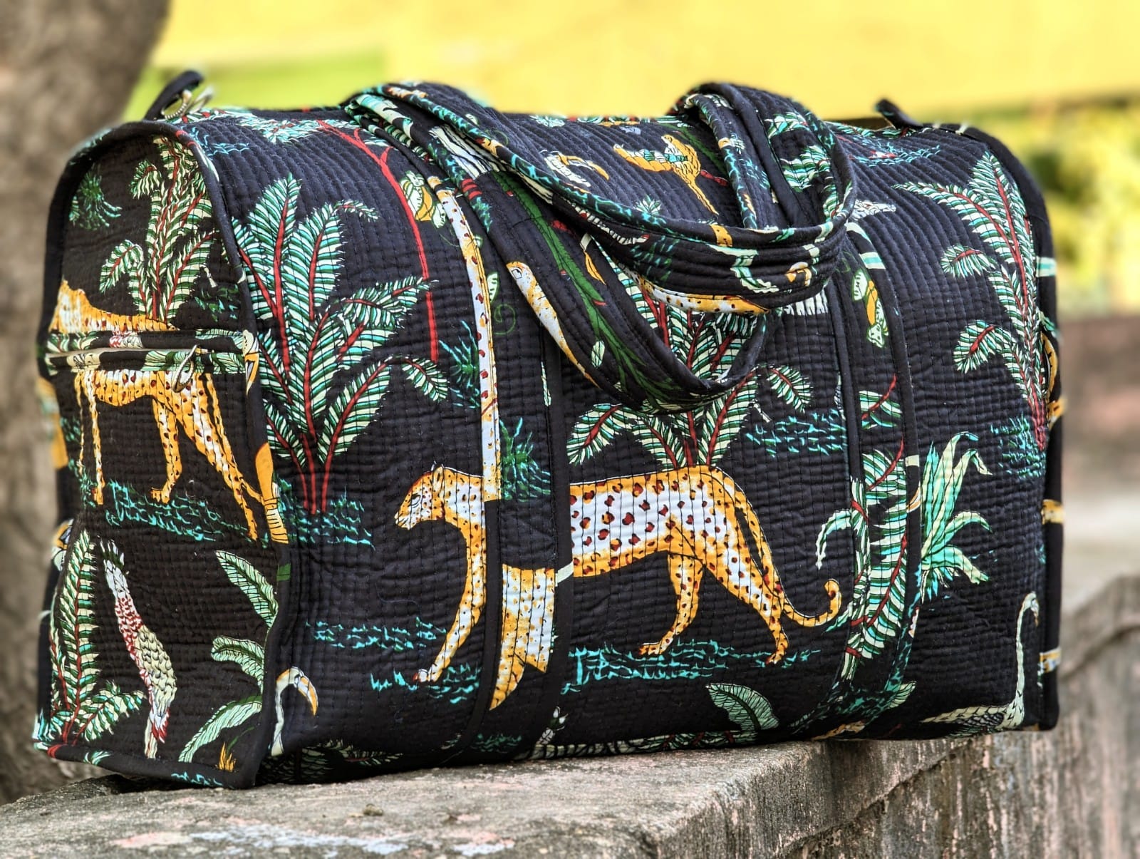 Quilted Multi-Use bag - Boho quilted bags - overnight bag - gym bag-Duffle Bag Black Jungle