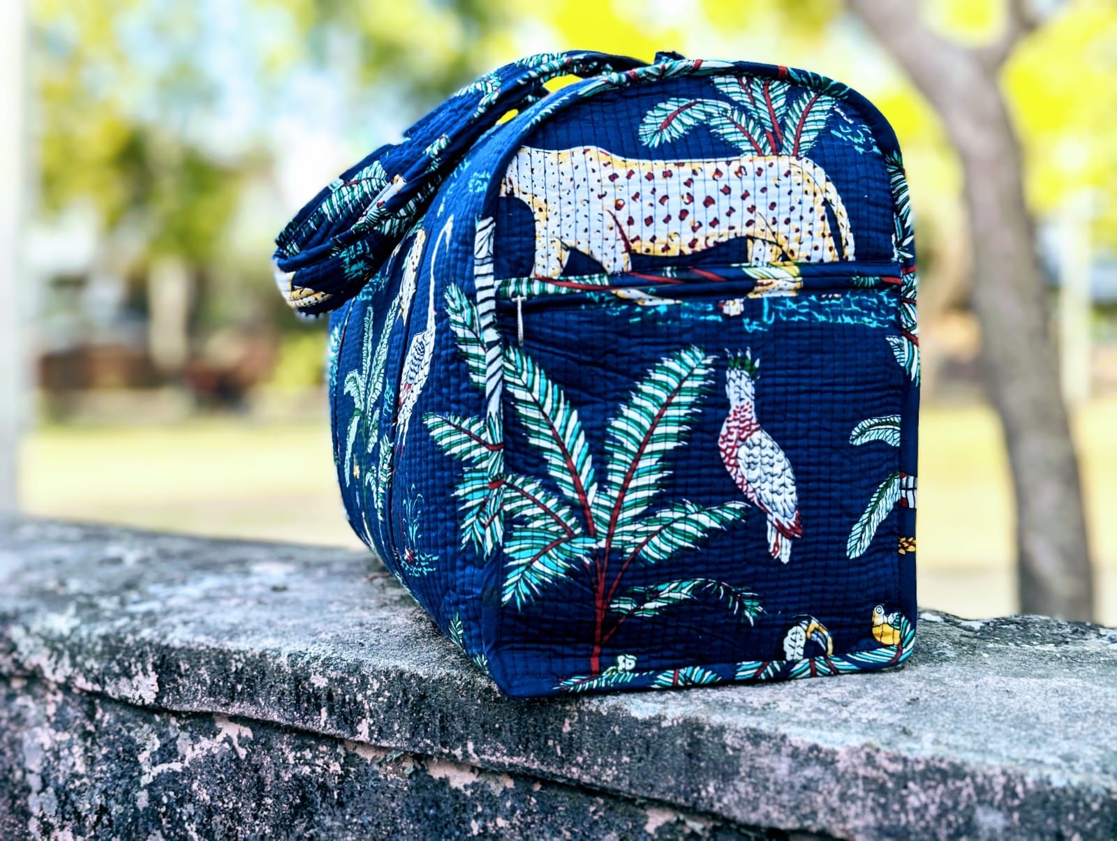 Quilted Multi-Use Water Proof bag - Boho quilted bags - overnight bag - gym bag-Duffle Bag Blue Jungle
