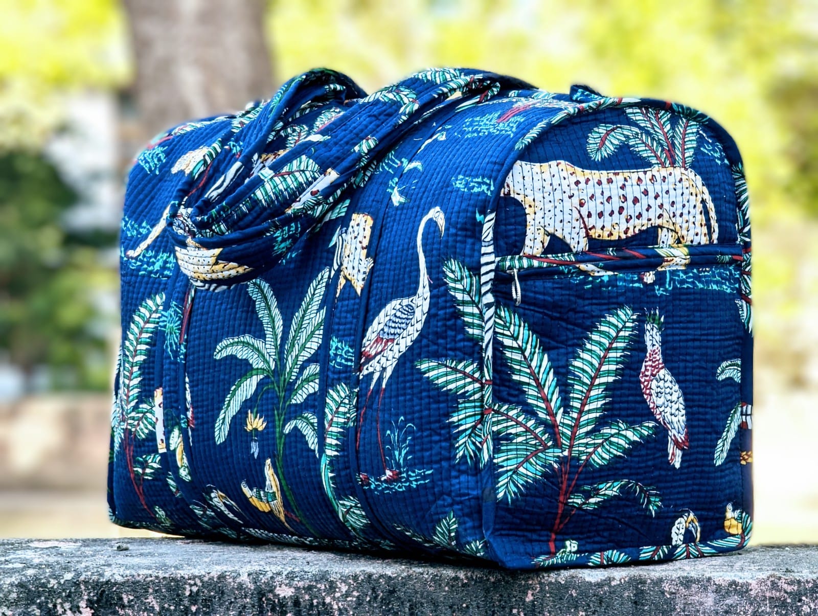 Quilted Multi-Use Water Proof bag - Boho quilted bags - overnight bag - gym bag-Duffle Bag Blue Jungle