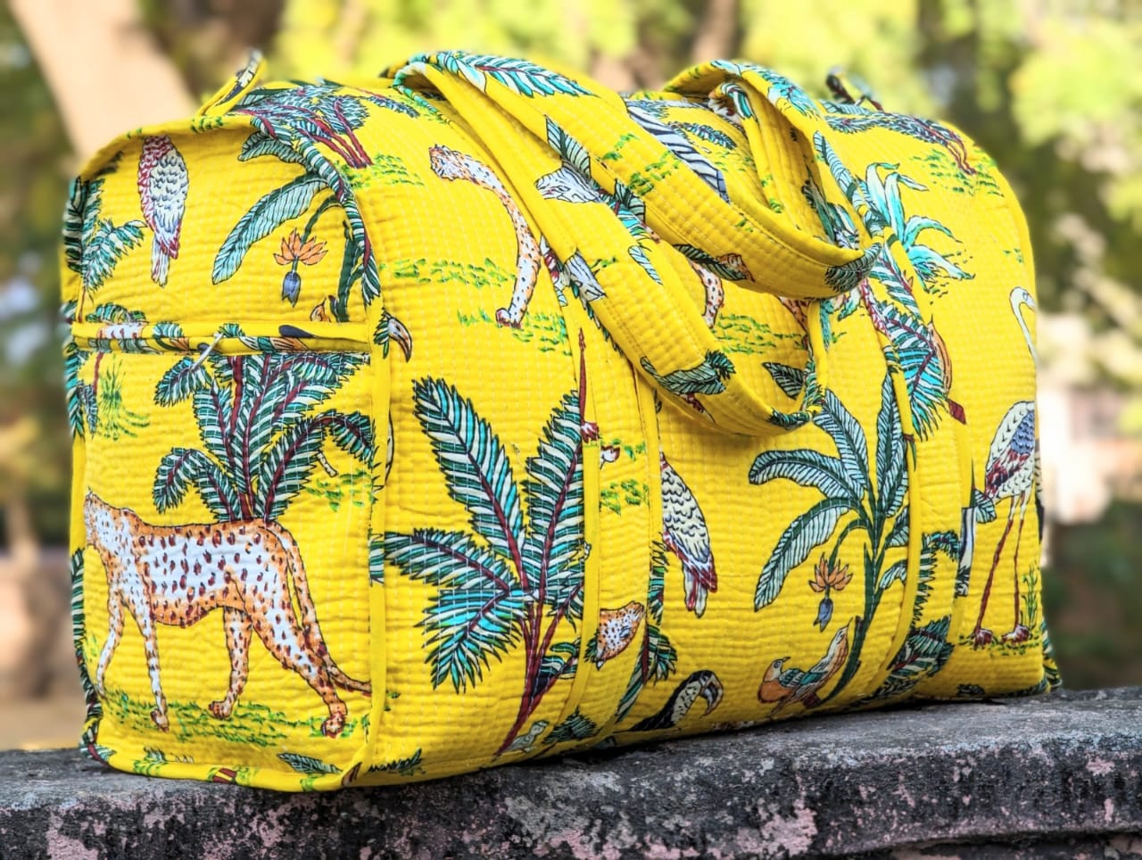 Quilted Multi-Use bag - Boho quilted bags - overnight bag - gym bag-Duffle Bag Yellow Jungle