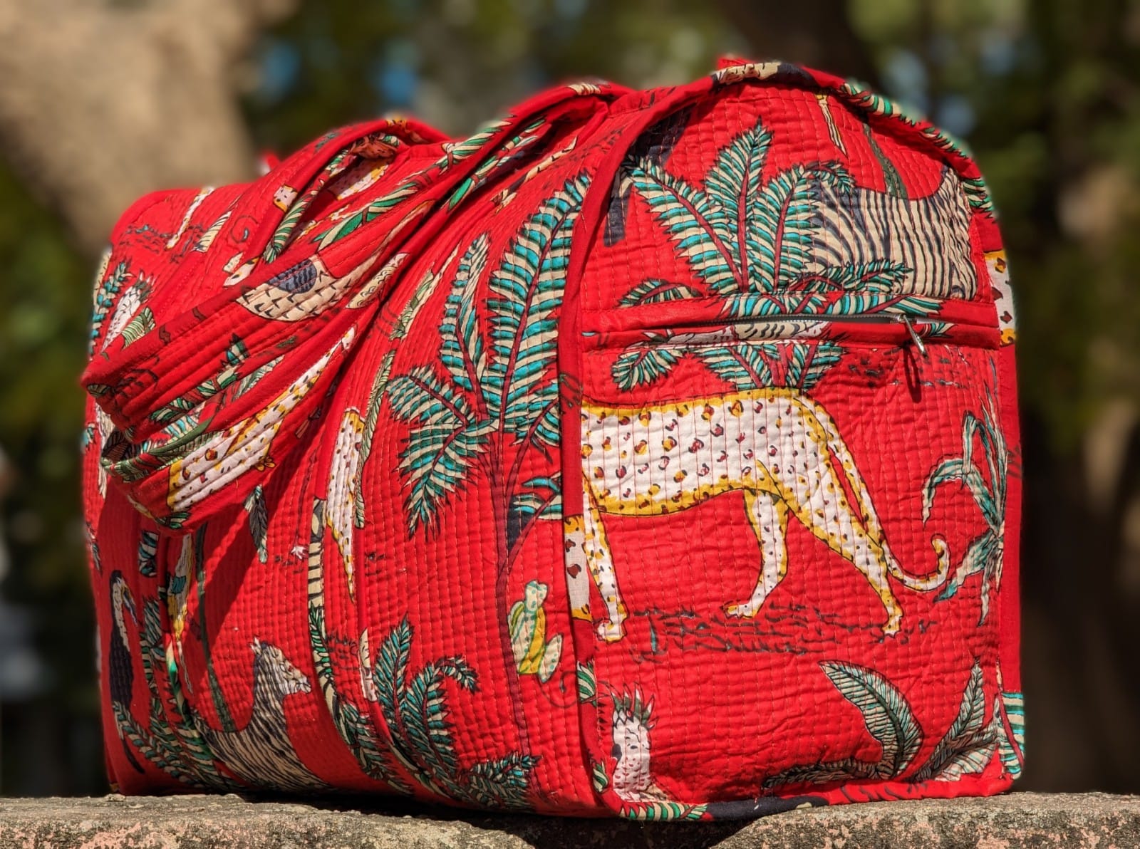 Quilted Multi-Use bag - Boho quilted bags - overnight bag - gym bag-Duffle Bag Red Jungle