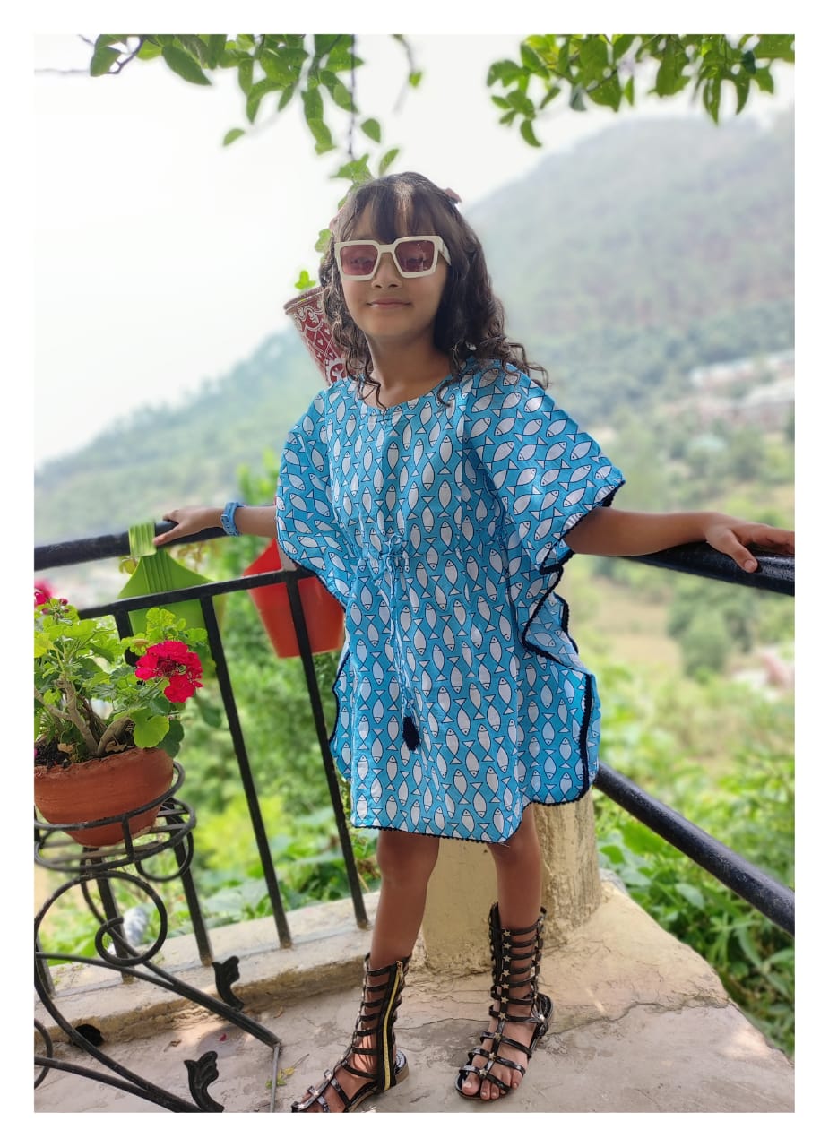 Fish Print hand Block Printed Organic Cotton Block Printed Kaftan for Kids 2